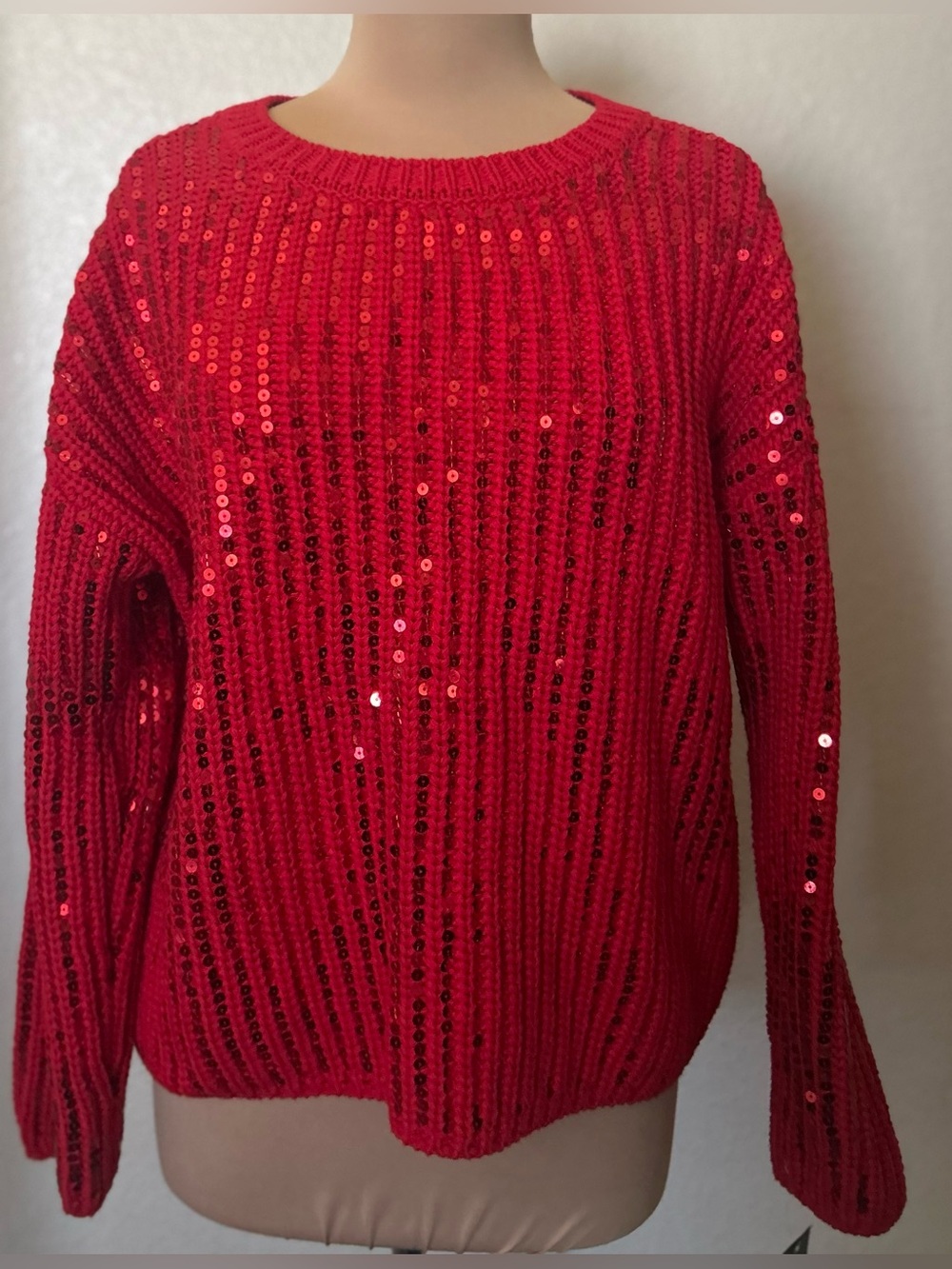 INC International Concepts Red Sequin Ribbed Crewneck Sweater